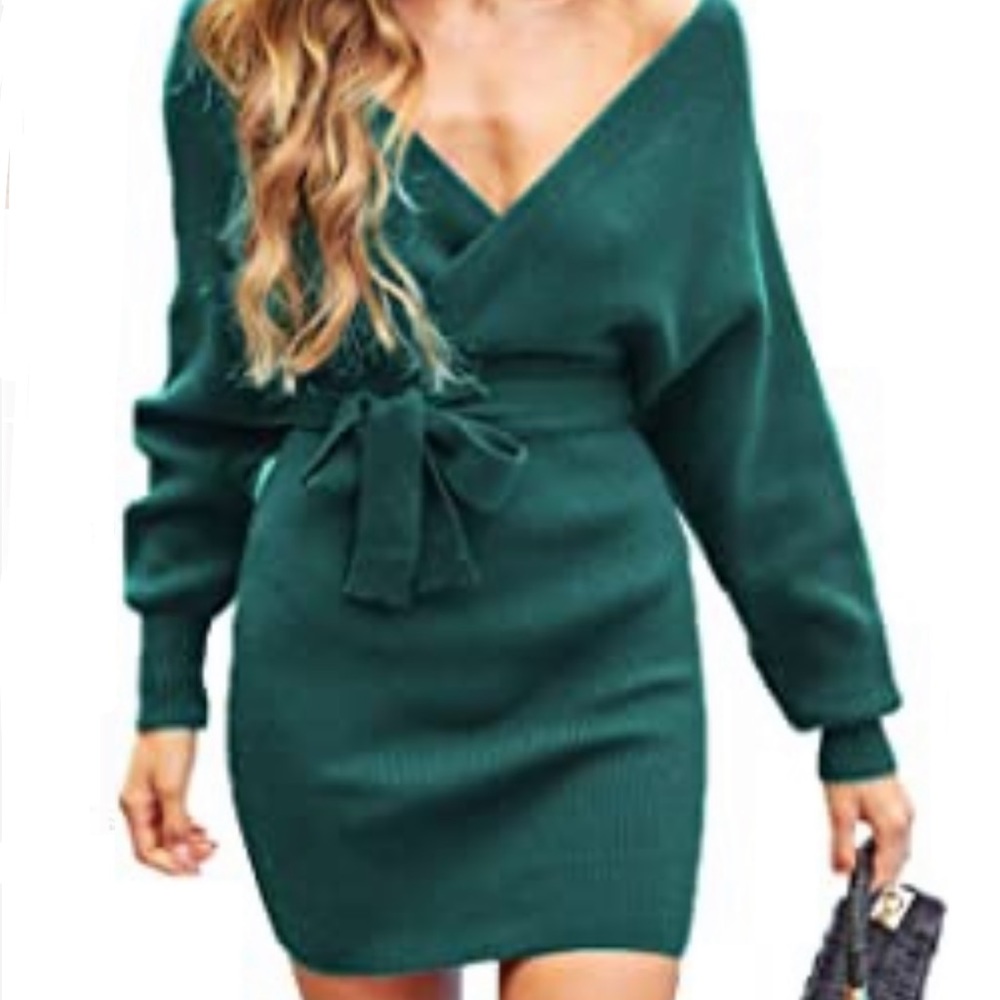 Green wrap sweater dress